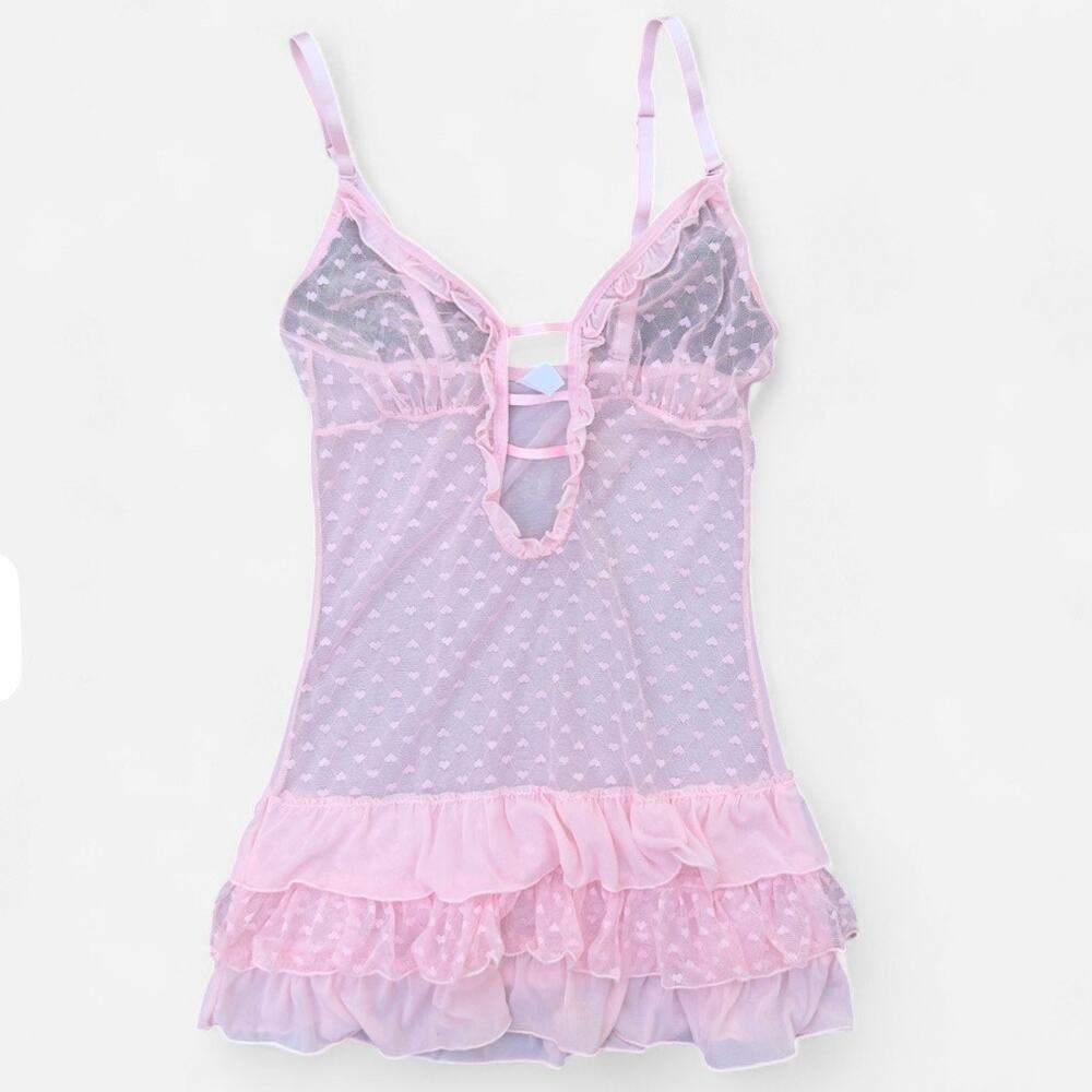 Pink Mesh Heart Frilly Mini Babydoll Slip